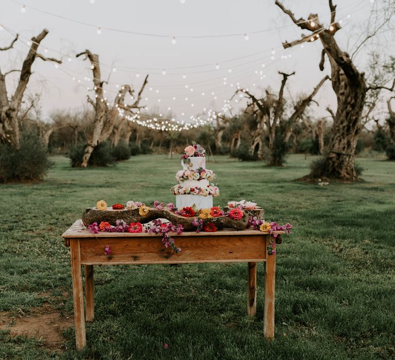 White, blue and pink three tiered wedding cake with multicoloured rose and foliage decor on wooden table in fairy-lit olive grove at enchanted forest wedding in Italy