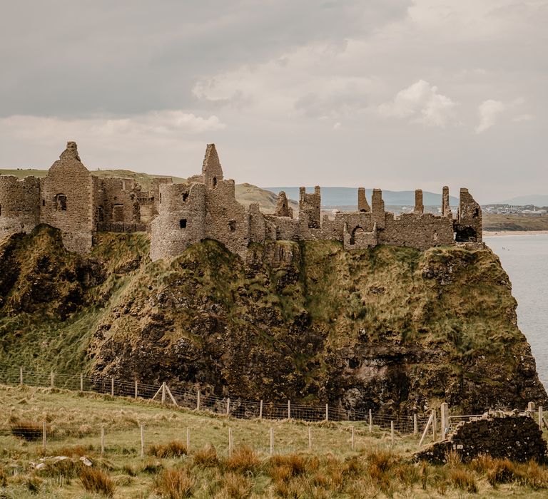 View on Dunluce Castle ruins from clifftop at Dunluce Castle wedding