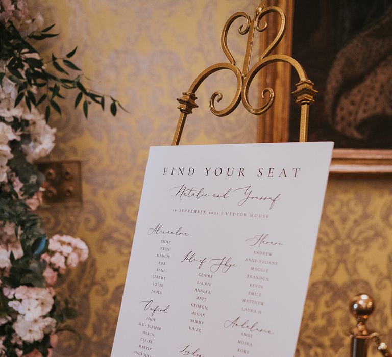 Classic black and white seating chart with gold easel 