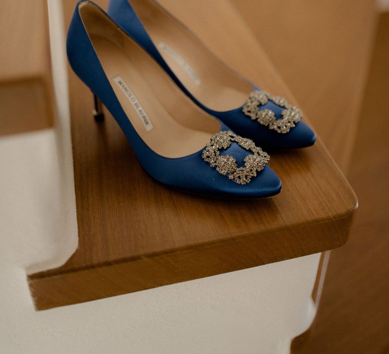 Royal Blue Manolo Blahnik wedding heels with embelished decor