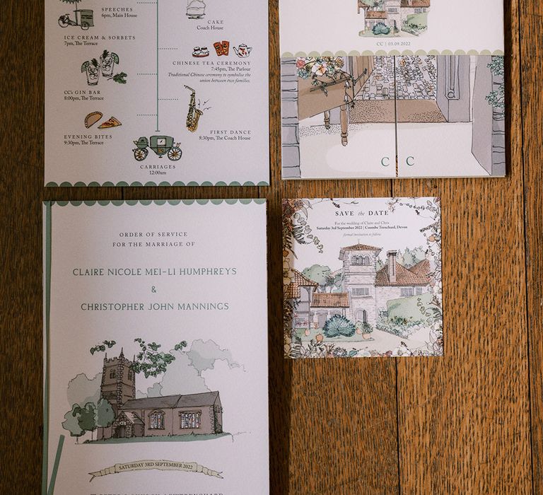 Wedding stationery that was hand drawn by the bride and groom for their classic countryside wedding 