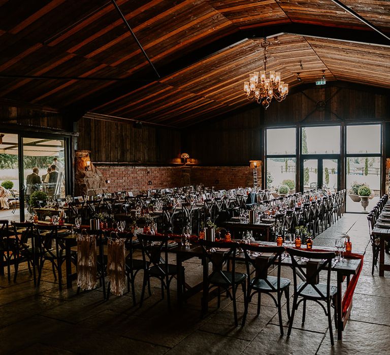 Willow Marsh Farm wedding venue set up for the rustic yet festival style wedding breakfast 