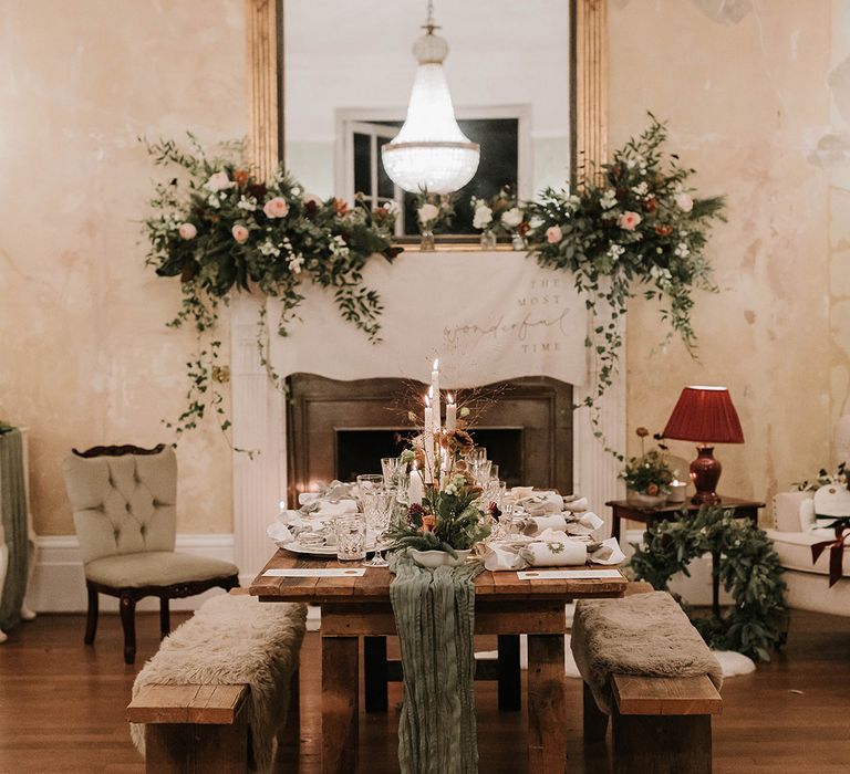 Wedding tablescape with green fabric table runner with neutral place setting at country house wedding venue in Kent 