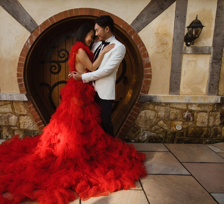 High-fashion red wedding dress for a wedding at Eastbrook Estate