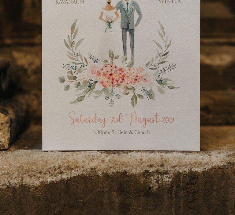 Watercolour animal illustration order of service booklet photographed by Bloom Wedding