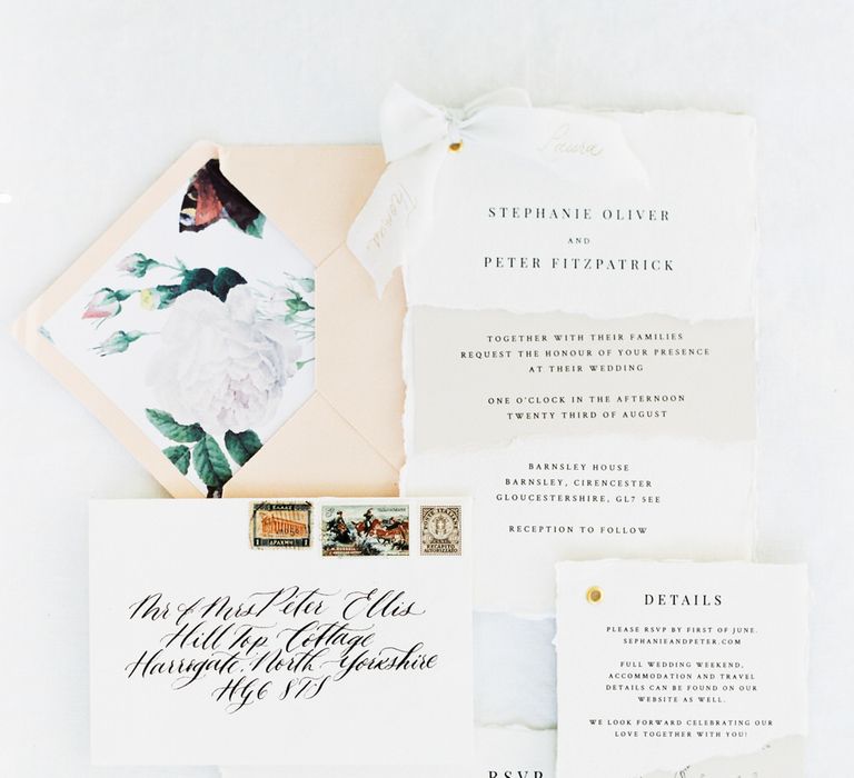 Romantic white and floral wedding invitations by EG Lettering