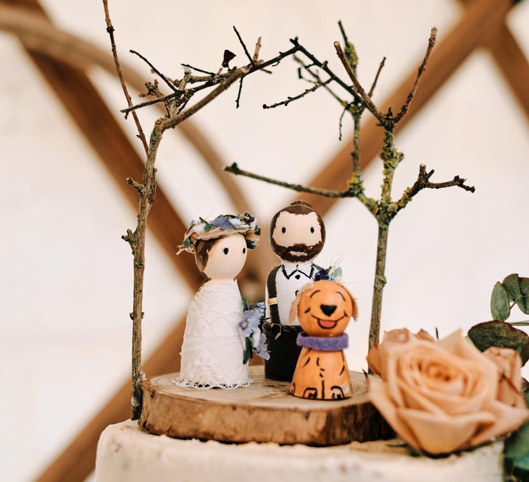 Wooden peg wedding cake toppers for rustic wedding 