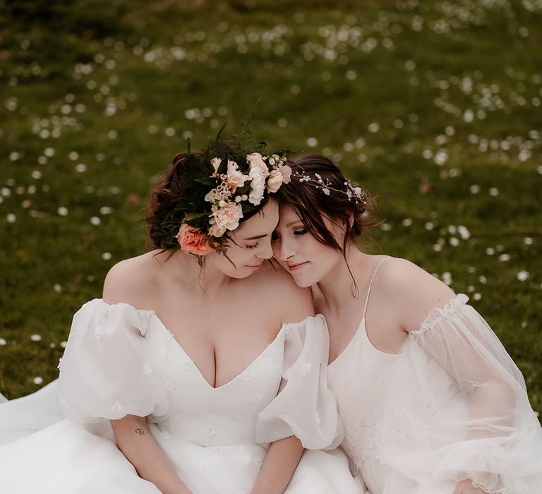 two brides in ethereal wedding dresses at Mapledurham wedding inspiration shoot 