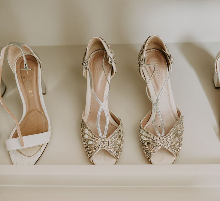 Embellished peep toe bridal shoes with ankle straps 