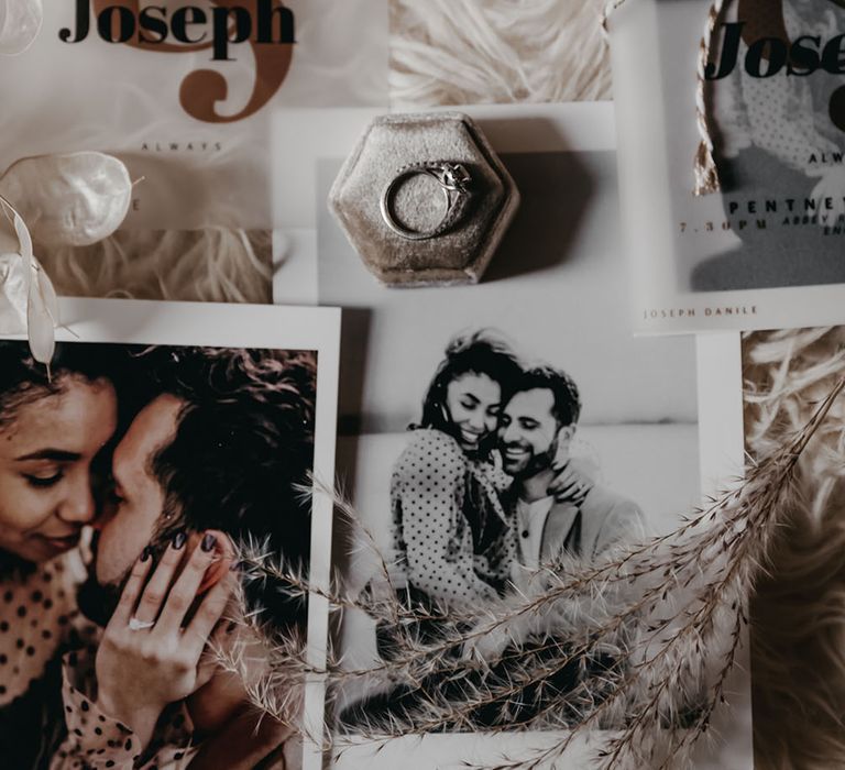 Polaroid pictures of couple with wedding ring in velvet grey box 