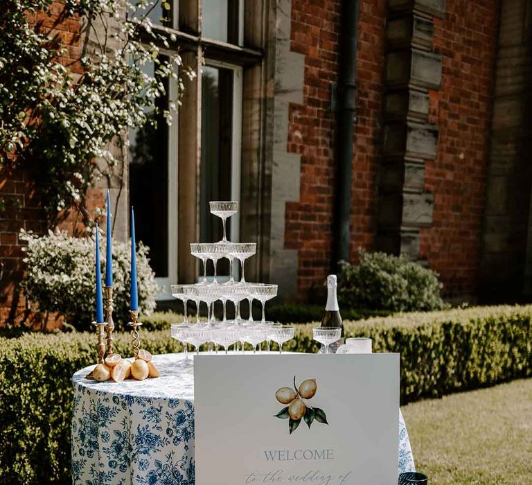 champagne tower at outdoor Capesthorne Hall wedding 