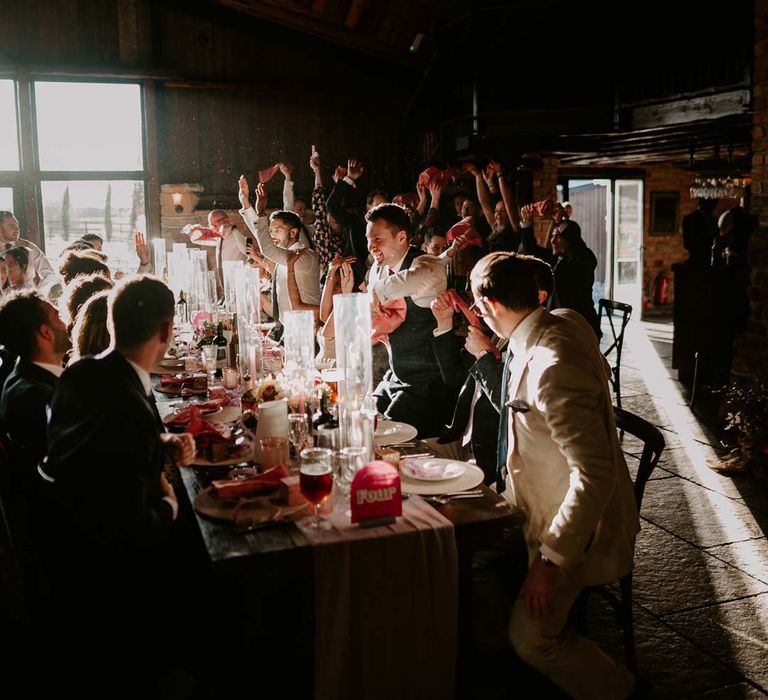 Reception room of Willow Marsh Loughborough wedding venue with rustic luxe wedding tablescapes