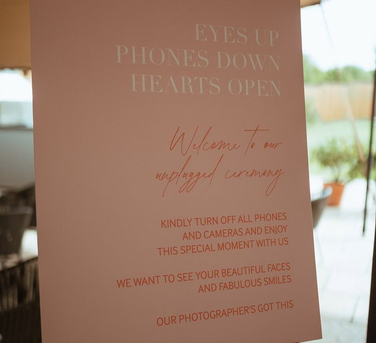 Pink and white unplugged wedding ceremony sign for outdoor wedding 