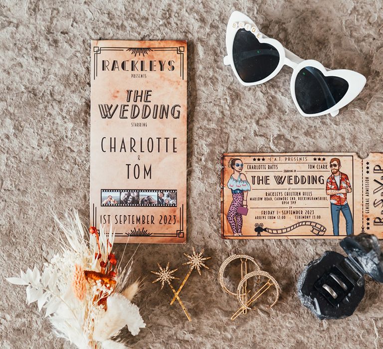 Wedding accessories with wedding stationery suite inspired by the cinema and movies 