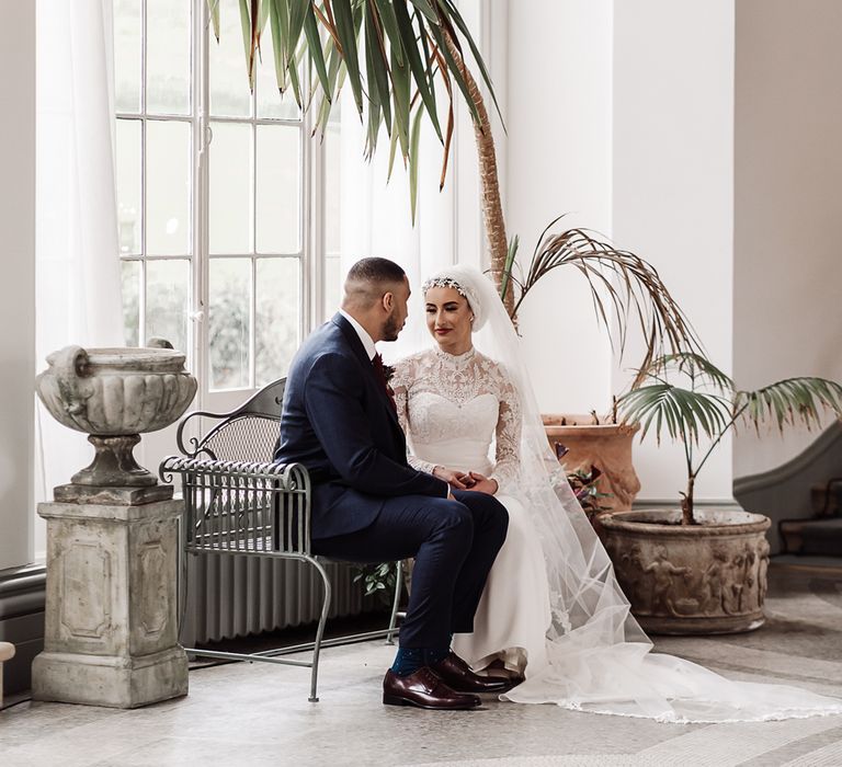 Bride and groom portrait at intimate wedding at Hawkstone Hall & Gardens in Shropshire