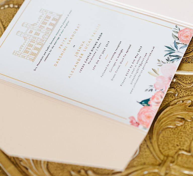 Wedding invitation with wedding venue and floral illustration 