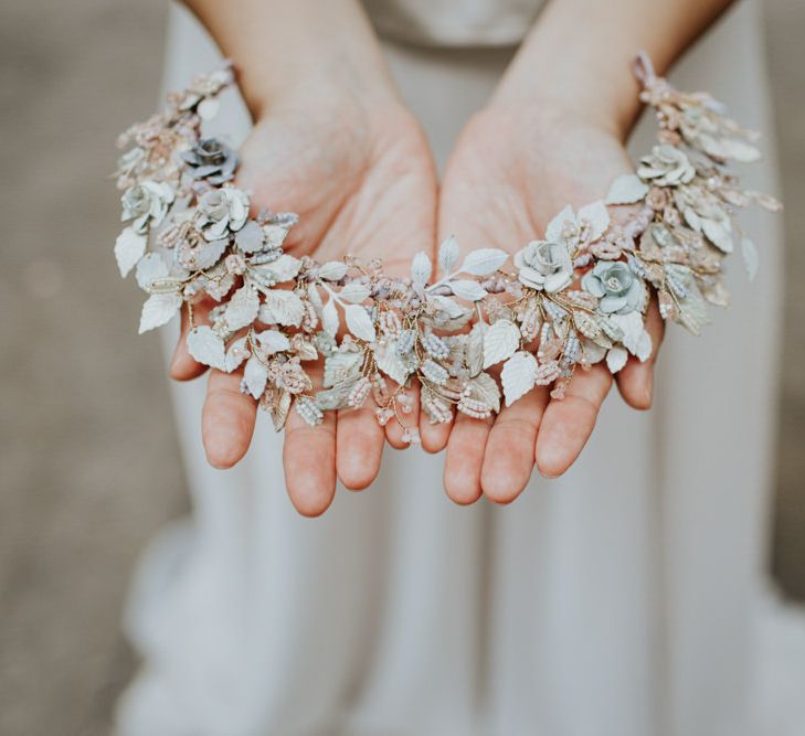 Floral bridal hair accessories from Clare Lloyd for a white and gold wedding theme