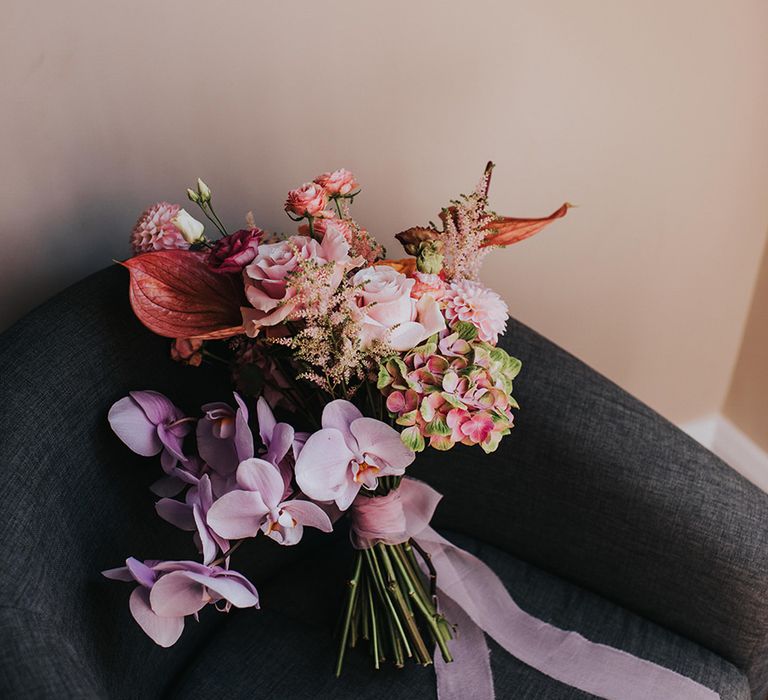 Orchids, roses, anthuriums and hydrangea for the bride's bouquet 