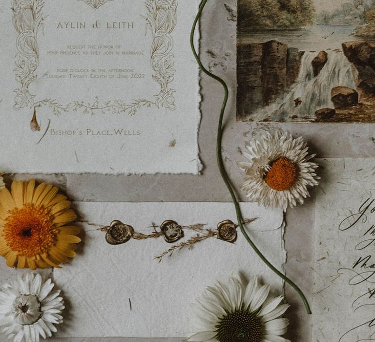 vintage style wedding stationery suite with gold scrip font and design