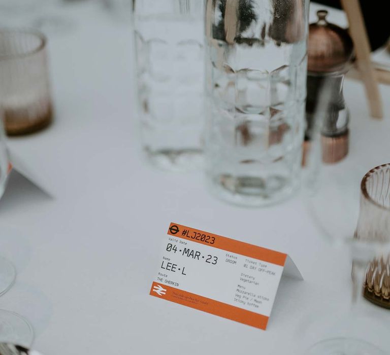 Alternative wedding place names - London tube ticket wedding place names at The Gherkin wedding venue on classic white wedding tablescape 