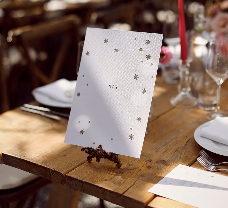 Simple and minimal starry wedding table name sign 