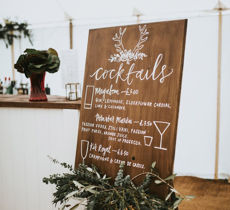 DIY wooden custom cocktail wedding signage 