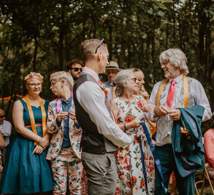 wedding guests at forest wedding 