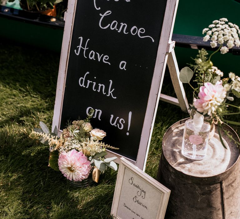 Chalkboard wedding signage with sanitising station 