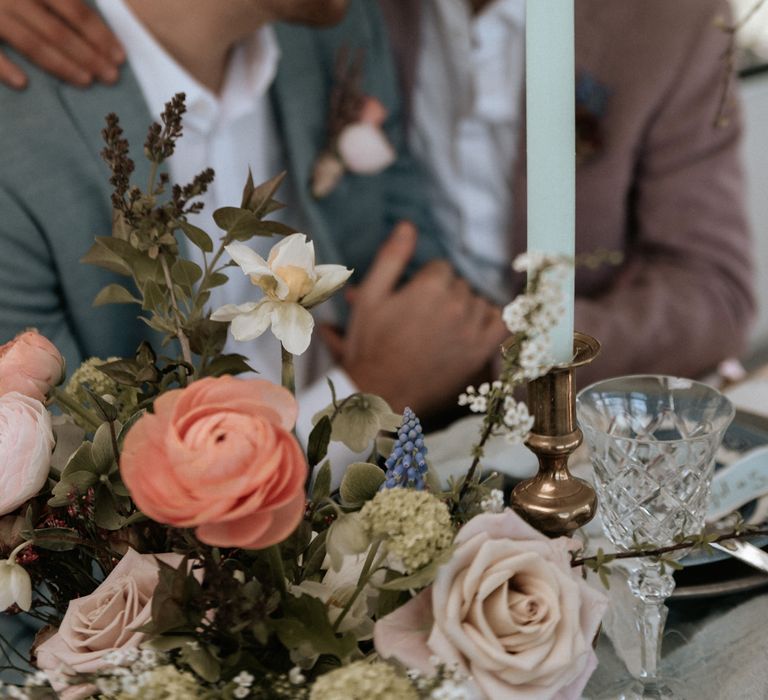 Pastel florals for rustic same-sex wedding at The Fire Pit Camp 