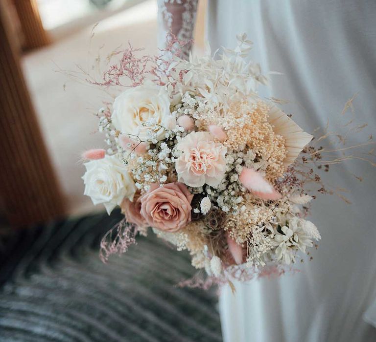 pastel pink and white wedding bouquet 