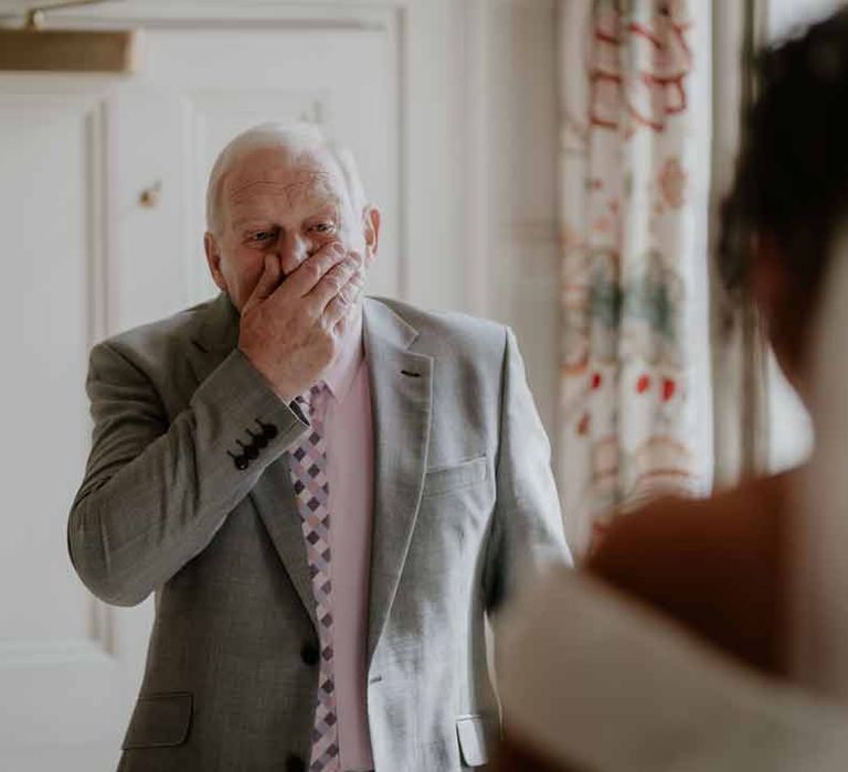 Father of the bride wedding first look at Elmore Court Gloucestershire wedding