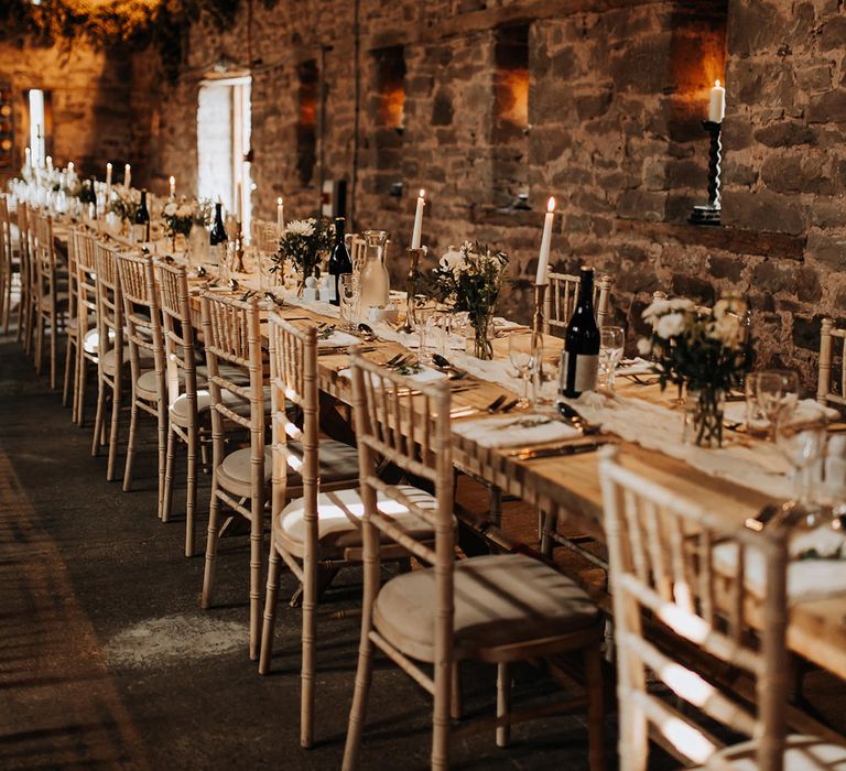 Rustic wedding table decorations with neutral colour palette 