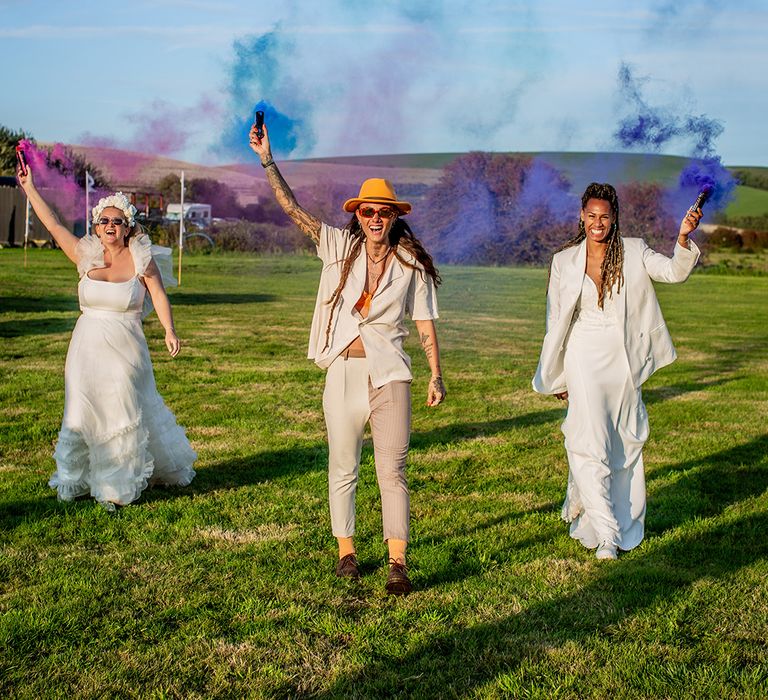 Pink, blue and purple wedding smoke bomb photo 