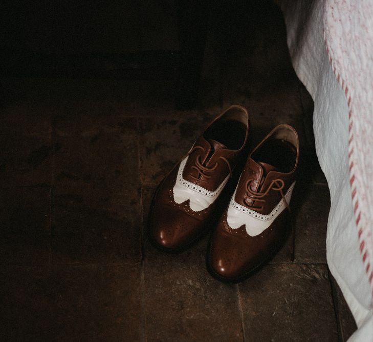 Groom's leather brown and white brogue shoes