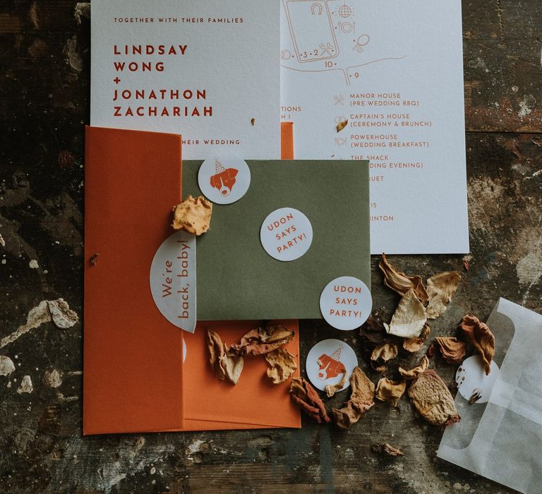 Stylish wedding stationery suite with orange and green envelope and font