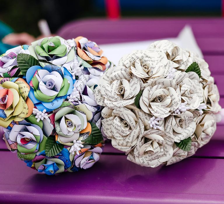 Black and white and colourful newspaper bridal bouquets 