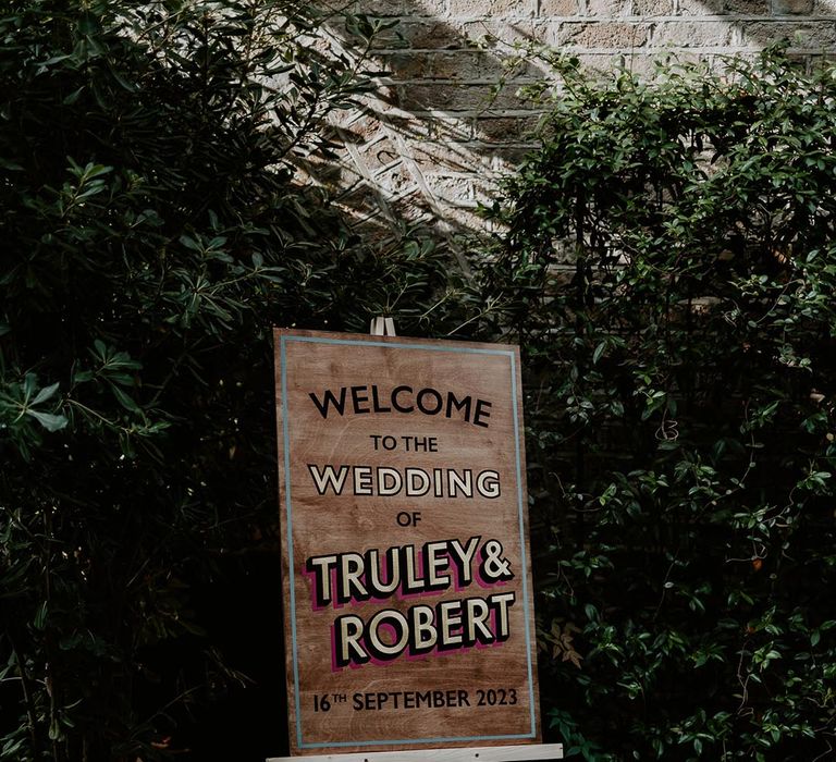 Wedding welcome sign for industrial city wedding in London