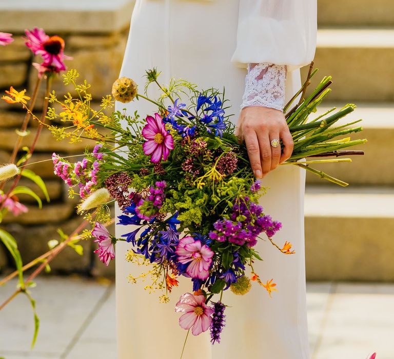 Pink, green and purple wildflower wedding bouquet 