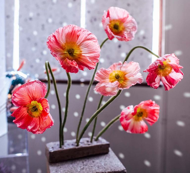 Bright pink anemone flower stems in a concrete block 