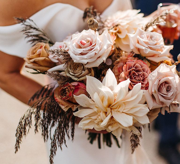 Pink, orange, brown, white and cream autumnal neutral wedding bouquet