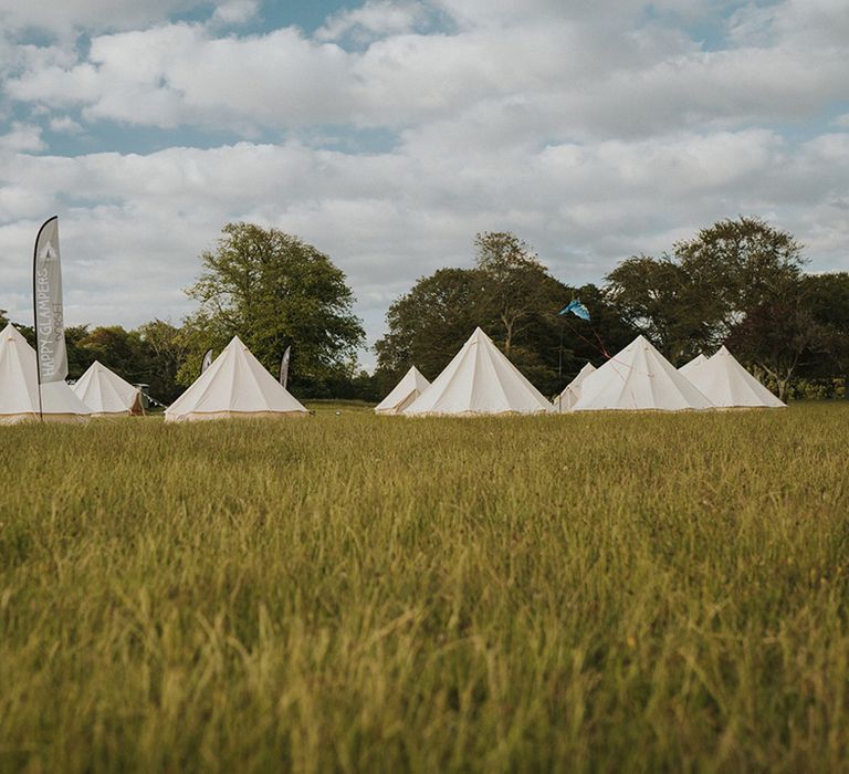 Glamping village for wedding guests attending the wedding at the Pylewell Park country house venue 