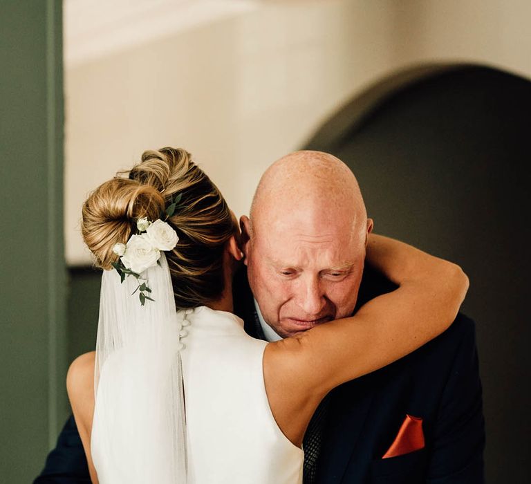 Father of the bride tears up as he sees the bride for the first time ready for the wedding day 