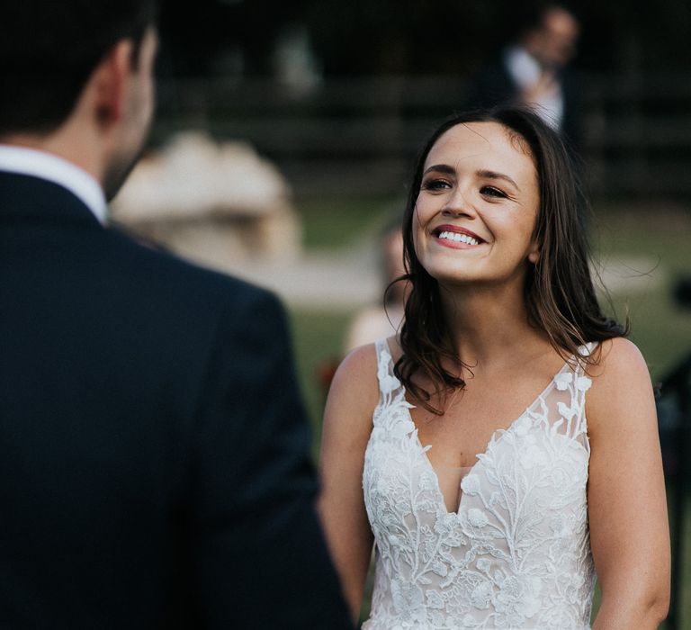 Bride in Madi Lane lace wedding dress 