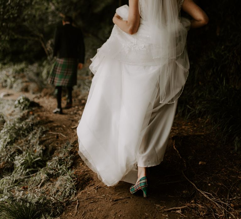 Tartan pattern heels that match the groom's kilt