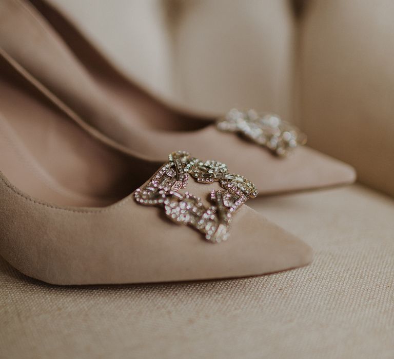 Beige suede wedding shoes with jewel detail 