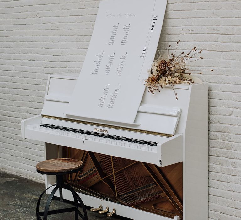 Minimal stylish wedding signage on a white piano for industrial luxe wedding inspiration shoot