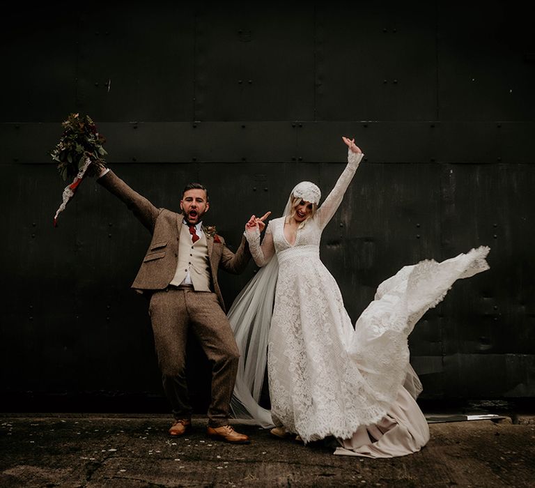 Fun bride and groom portrait at Lyde Court, Hereford wedding venue 