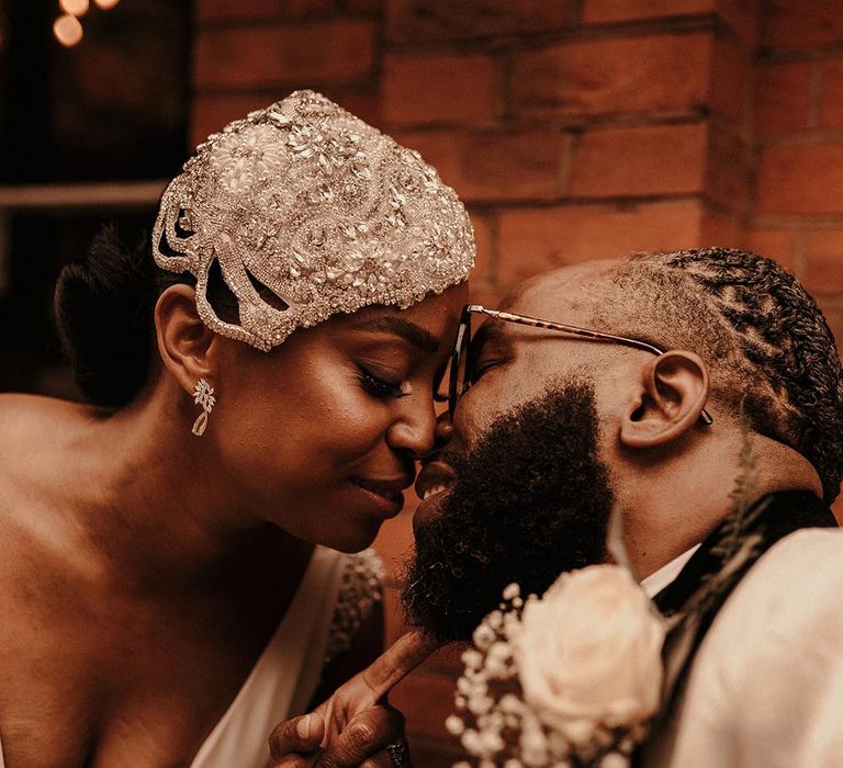 Bride in a jewelled wedding cap vintage style headdress