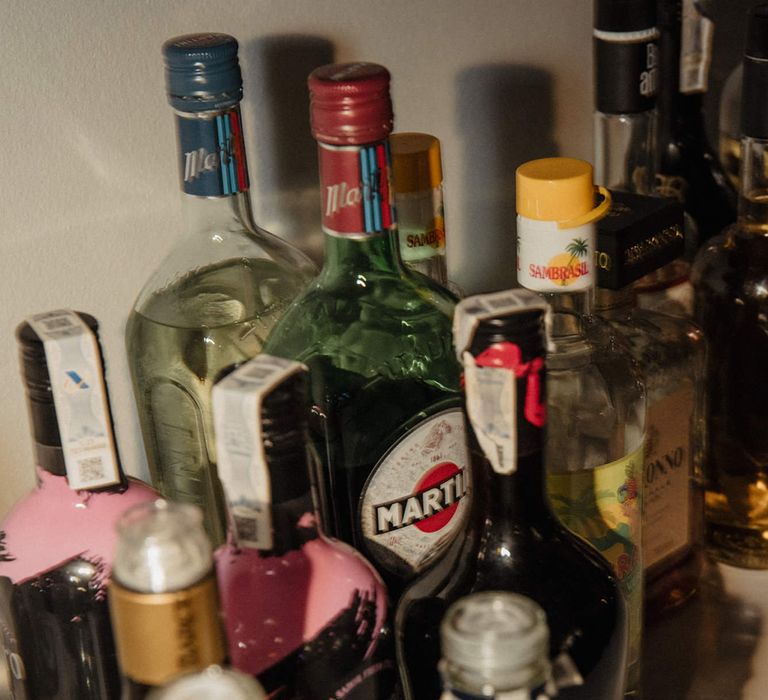 wedding drinks station with different spirits and liquor 