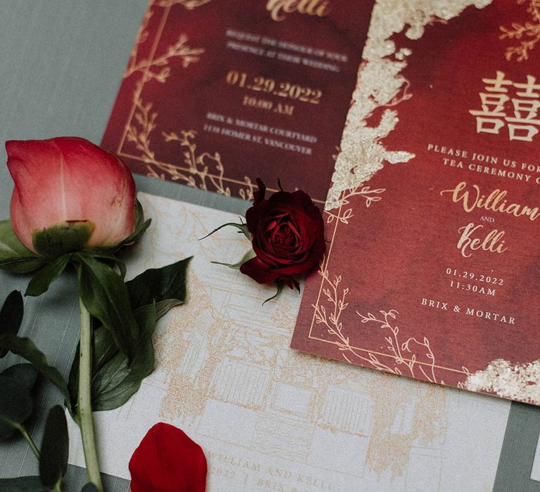 Red and gold wedding stationery suite for traditional Chinese wedding tea ceremony 